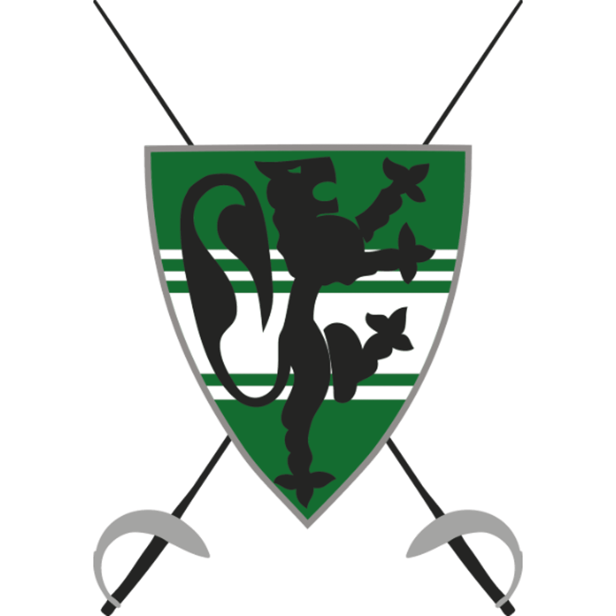 Wapenschild van de Klauwaerts: een zwarte klauwende leeuw op groen en wit, met twee gekruiste sabels